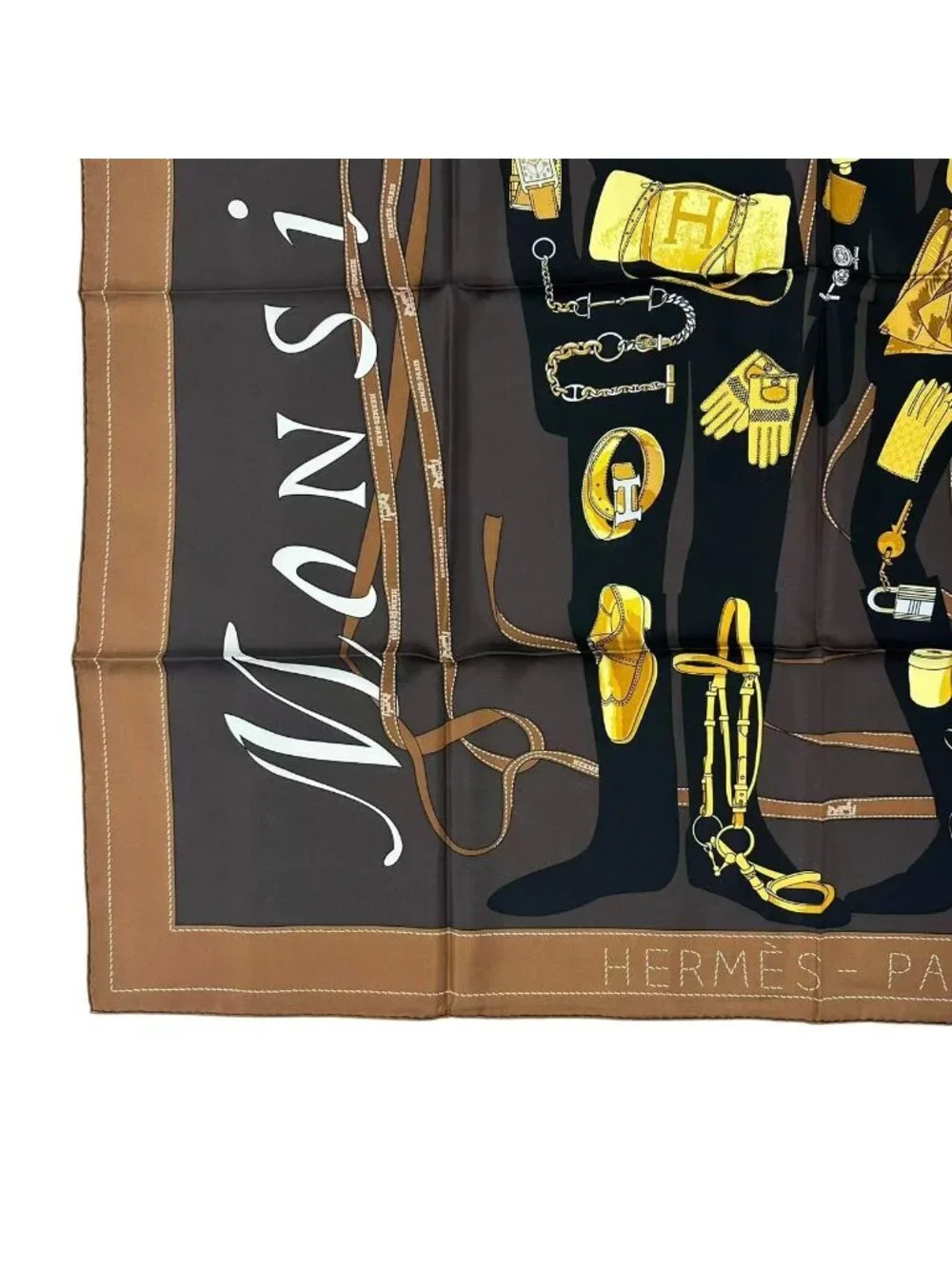 Hermes Scarf Carre 90 Monsieur Et Madame & All Over Print Brown